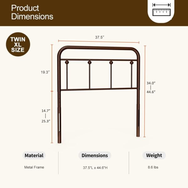 IKIFLY Metal Twin Size Headboard, Adjustable Height, Farmhouse Victorian Style, Easy Assembly, Twin/Twin XL Headboard Only for Bedroom, Brown - Image 7