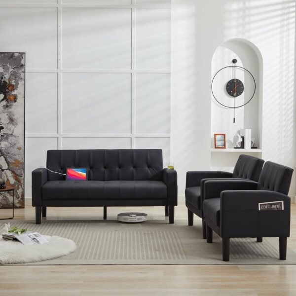 TYBOATLE Sofa Couch 62" W Loveseat w/ 2 USB Charger Ports & 2 Cupholders, Mid-Century Modern Black Faux Leather Tufted Small Love Seat Couches for Office,Compact Living Room,Bedroom,Apartment,Dorm - Image 9