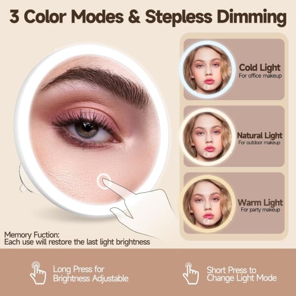 Lighted 10X Magnifying Mirror, 10X Makeup Magnifying Mirror with Suction Cups, Ring Handheld Magnifying Mirror with 3 Color Lights Rechargeable 5'' Travel Magnification Mirror with Tweezers & Scissors - Image 3