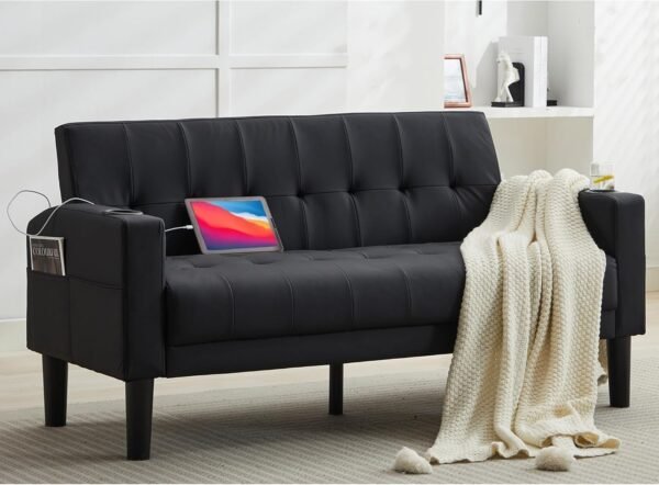 TYBOATLE Sofa Couch 62" W Loveseat w/ 2 USB Charger Ports & 2 Cupholders, Mid-Century Modern Black Faux Leather Tufted Small Love Seat Couches for Office,Compact Living Room,Bedroom,Apartment,Dorm