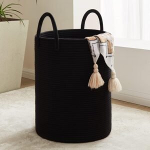 Fiona’s magic Woven Rope Laundry Basket, 58L Tall Laundry Hamper for Blanket Storage, Large Baby Nursery Basket for Laundry, Decorative Clothes Hamper for Bedroom, Living Room and Bathroom, Black