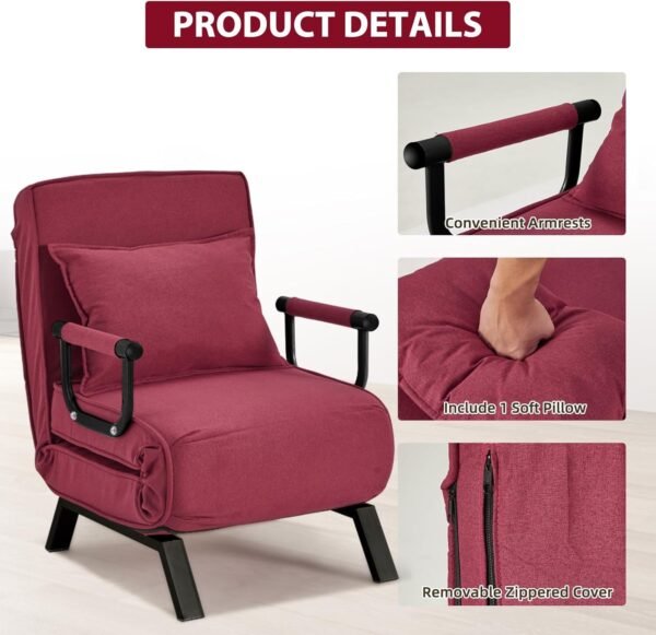Haddockway Single Person Sofa Bed Sleeper Chair Convertible Chaise Lounge Couch,Folding Sofa Arm Chair with Pillow&5 Adjustable Backrest,Upholstered Lazy Bed Leisure Recliner for Home Office - Image 5