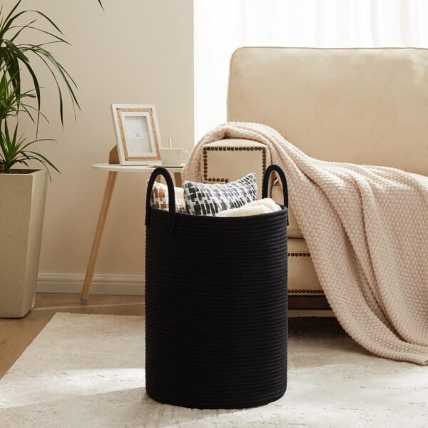 Fiona's magic Woven Rope Laundry Basket, 58L Tall Laundry Hamper for Blanket Storage, Large Baby Nursery Basket for Laundry, Decorative Clothes Hamper for Bedroom, Living Room and Bathroom, Black - Image 2