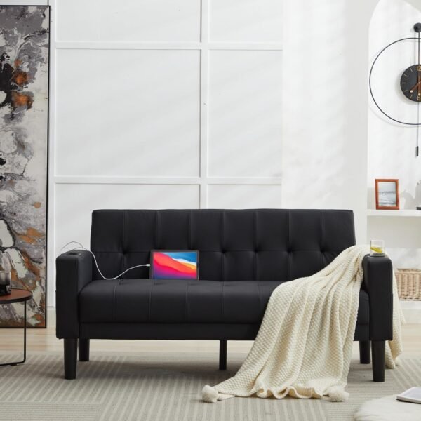 TYBOATLE Sofa Couch 62" W Loveseat w/ 2 USB Charger Ports & 2 Cupholders, Mid-Century Modern Black Faux Leather Tufted Small Love Seat Couches for Office,Compact Living Room,Bedroom,Apartment,Dorm - Image 3