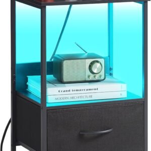 Somdot Black Nightstand with Charging Station and LED Light for Bedroom, Bedside Table End Table for Dorm Guest Room Bedside Kids Laundry Closet Entryway Hallway, Black