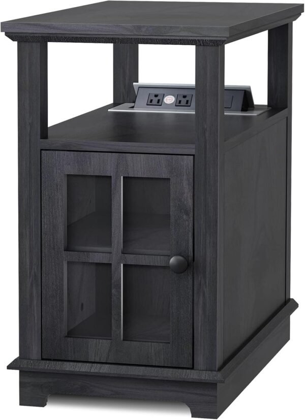 HIFYOBRO Narrow End Table with Flip Top Charging Station and Storage Cabinet, Type-C & USB Port & Power outlets, Adjustable Shelf, Blackgray Side Table with Storage for Living Room and Bedroom