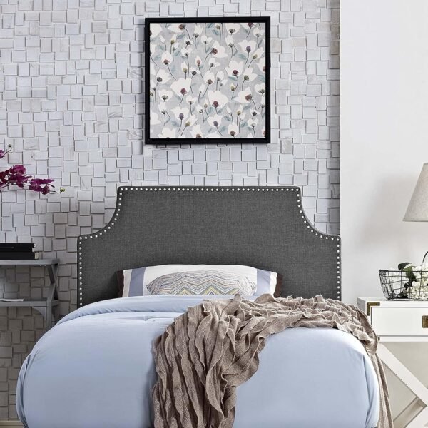 Modway MOD-5390 Laura Linen Upholstered Twin Size Headboard with Nailhead Trim, Gray Fabric - Image 2