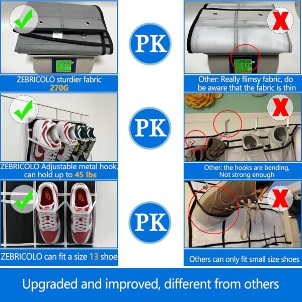 door shoe organizer,28 Large Breathable Mesh Pockets,shoe organizer, Hanger Holds Up to 50 lbs for Shoes,over door shoe organizer,New upgrade anti-scratch heavy-duty hooks,shoe storage,Black/White - Image 5