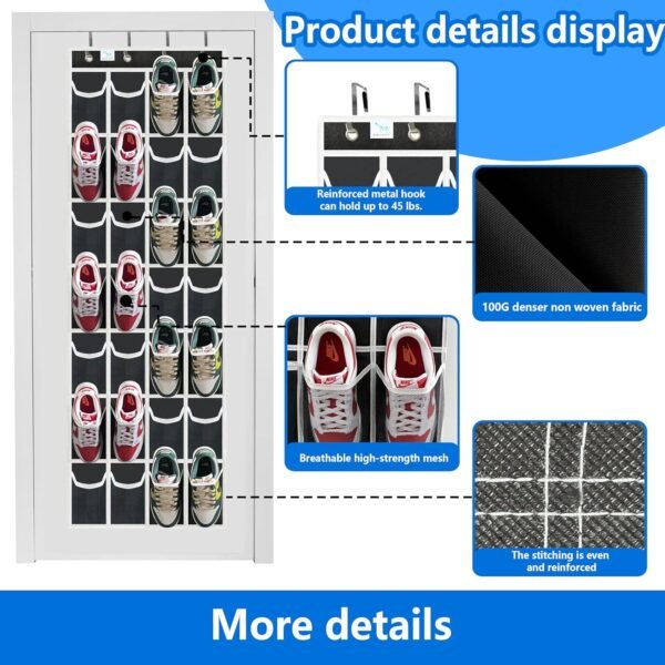 door shoe organizer,28 Large Breathable Mesh Pockets,shoe organizer, Hanger Holds Up to 50 lbs for Shoes,over door shoe organizer,New upgrade anti-scratch heavy-duty hooks,shoe storage,Black/White - Image 3