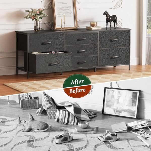 Huuger Dresser for Bedroom, 63 Inch TV Stand for 55, 65, 70 Inch TV, Long Fabric Dresser for Closet, Chest of Drawers for Storage, Clothing, 7 Drawers, Black - Image 7