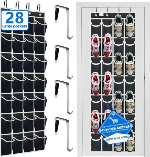 door shoe organizer,28 Large Breathable Mesh Pockets,shoe organizer, Hanger Holds Up to 50 lbs for Shoes,over door shoe organizer,New upgrade anti-scratch heavy-duty hooks,shoe storage,Black/White