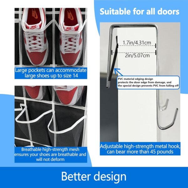 door shoe organizer,28 Large Breathable Mesh Pockets,shoe organizer, Hanger Holds Up to 50 lbs for Shoes,over door shoe organizer,New upgrade anti-scratch heavy-duty hooks,shoe storage,Black/White - Image 4