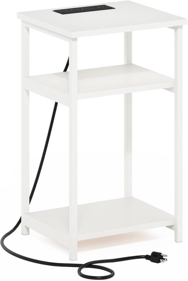 Furinno Moretti 3-Tier USB and Type-C Charging Port Open Storage Side Table with Metal Frame, White/White