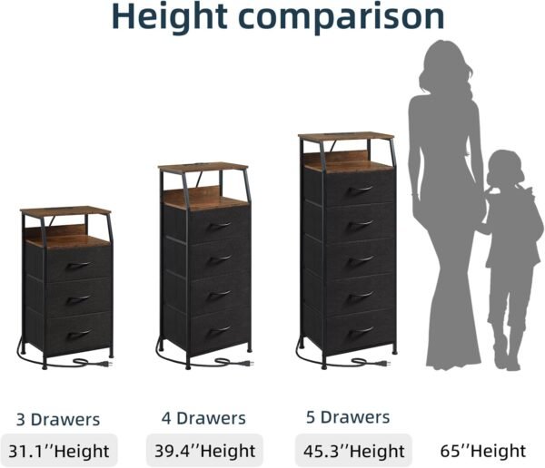Somdot Black Nightstand with Charging Station and LED Light for Bedroom, Tall 4 Drawers Dresser with Fabric Bins for Bedside Kids Dorm Room Closet Laundry Entryway, Black Rustic Brown - Image 9