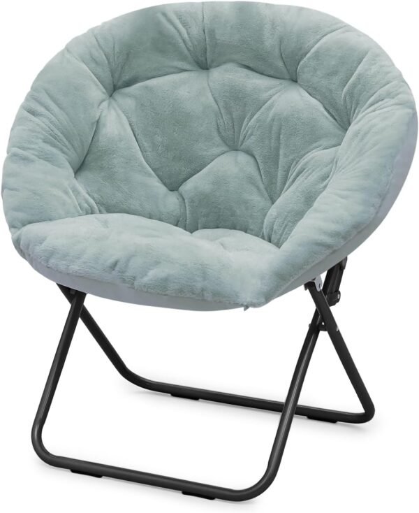 Round Comfy Saucer Chair, Metal Frame Cozy Lounge Lazy Chair Folding Faux Fur Saucer Chair for Adults, Foldable Papasan Moon Chair for Bedroom Living Room Dorm (Teal Seat/Black Stand) - Image 5