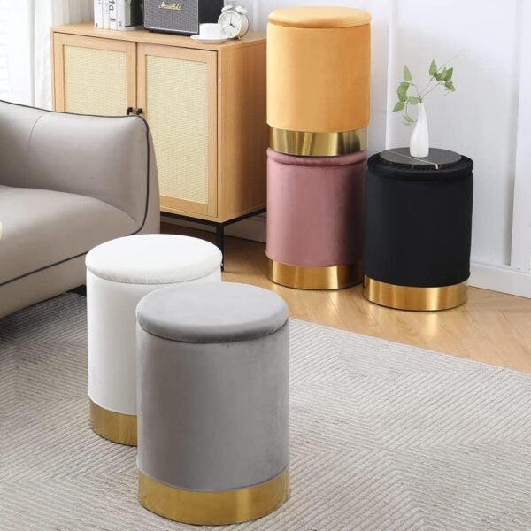 Mxfurhawa Velvet Storage Ottoman Multipurpose Footrest Stool with Metal Base Modern Round Vanity Stool Chair Ottoman Foot Stools Support 300 lbs Padded Seat for Living Room (Cream (Velvet)) - Image 8