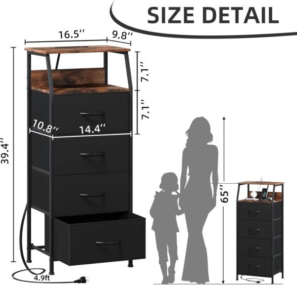 Somdot Black Nightstand with Charging Station and LED Light for Bedroom, Tall 4 Drawers Dresser with Fabric Bins for Bedside Kids Dorm Room Closet Laundry Entryway, Black Rustic Brown - Image 3