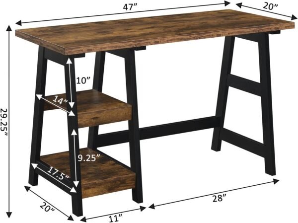 Convenience Concepts Designs2Go Trestle Desk 47" - Modern Desk or Vanity with Shelves, for Office, Dorm, Living Room, Barnwood/Black - Image 3