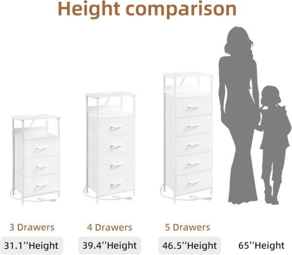 Somdot White Nightstand with Charging Station and LED Light for Bedroom, Tall 4 Drawers Dresser with Fabric Bins for Bedside Kids Dorm Room Closet Laundry Entryway, White Leather - Image 9