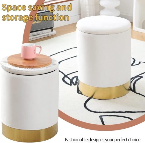 Mxfurhawa Velvet Storage Ottoman Multipurpose Footrest Stool with Metal Base Modern Round Vanity Stool Chair Ottoman Foot Stools Support 300 lbs Padded Seat for Living Room (Cream (Velvet)) - Image 3