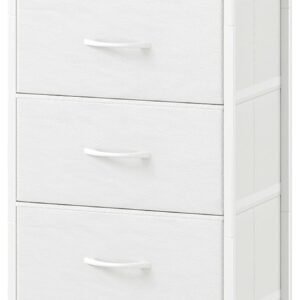 Somdot White Nightstand with Charging Station and LED Light for Bedroom, Tall 4 Drawers Dresser with Fabric Bins for Bedside Kids Dorm Room Closet Laundry Entryway, White Leather
