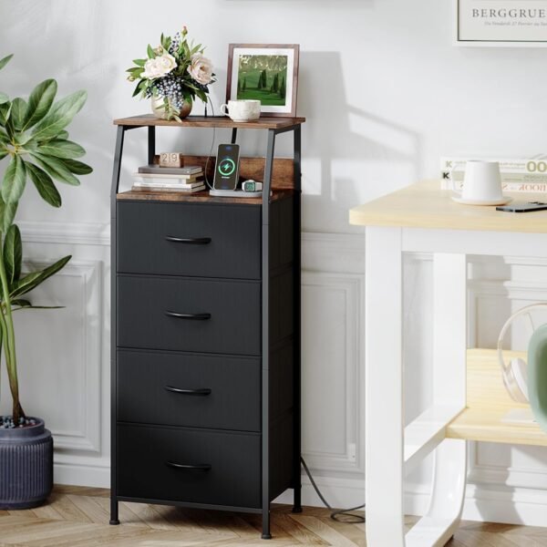 Somdot Black Nightstand with Charging Station and LED Light for Bedroom, Tall 4 Drawers Dresser with Fabric Bins for Bedside Kids Dorm Room Closet Laundry Entryway, Black Rustic Brown - Image 8