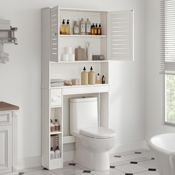 Furnideco Over Toilet Storage Cabinet Bathroom Shelf Organizer Over Toilet Freestanding Space Saver Cabinet with Adjustable Shelves & Double Doors, Antique White - Image 4