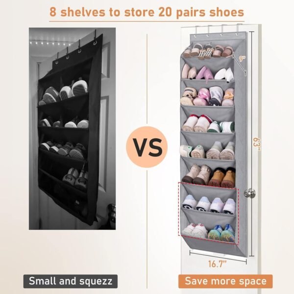 KEETDY Over the Door Shoe Organizer with 8 Deep Pockets, Hanging Shoe Rack for Closet Hanger Fits 20 Pairs Shoe Holder for Narrow Door Shoe Storage, Grey… - Image 2