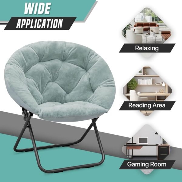 Round Comfy Saucer Chair, Metal Frame Cozy Lounge Lazy Chair Folding Faux Fur Saucer Chair for Adults, Foldable Papasan Moon Chair for Bedroom Living Room Dorm (Teal Seat/Black Stand) - Image 6