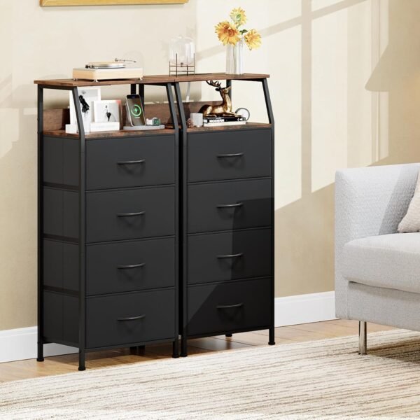 Somdot Black Nightstand with Charging Station and LED Light for Bedroom, Tall 4 Drawers Dresser with Fabric Bins for Bedside Kids Dorm Room Closet Laundry Entryway, Black Rustic Brown - Image 7