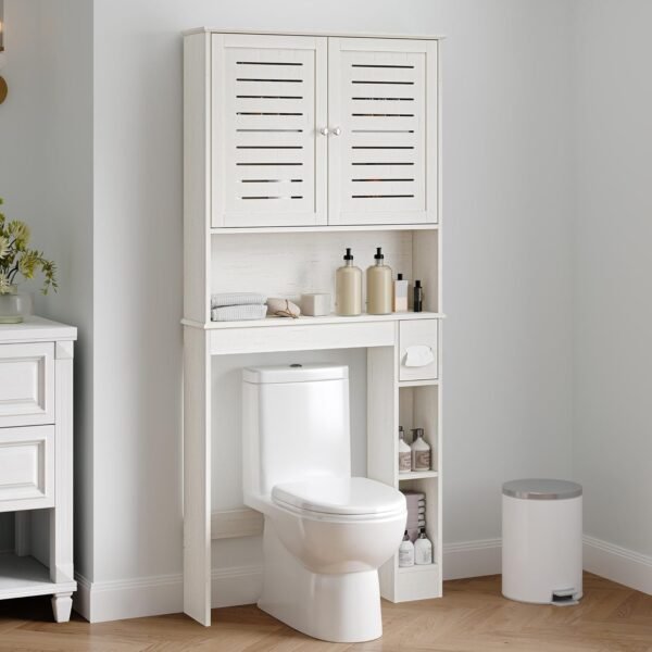 Furnideco Over Toilet Storage Cabinet Bathroom Shelf Organizer Over Toilet Freestanding Space Saver Cabinet with Adjustable Shelves & Double Doors, Antique White