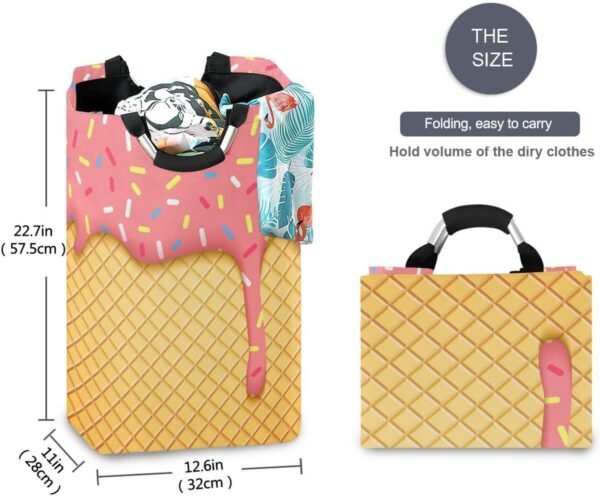 Ice Cream Cone Laundry Basket Collapsible Large Clothes Hamper Nursery Storage Bin with Handle for Bedroom, Bathroom, Dorm, Kids Room - Image 5