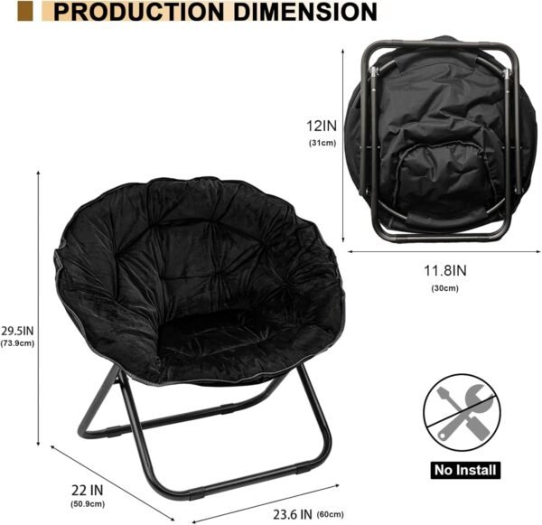 Grezone Folding Saucer Chair, Oversized Lazy Moon Chair with Metal Frame, Comfy Bedroom Chairs for Bedroom, Living Room, Study Black JC - Image 2