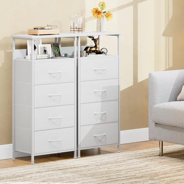 Somdot White Nightstand with Charging Station and LED Light for Bedroom, Tall 4 Drawers Dresser with Fabric Bins for Bedside Kids Dorm Room Closet Laundry Entryway, White Leather - Image 7