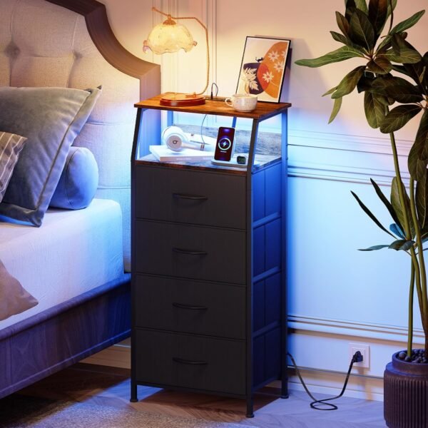 Somdot Black Nightstand with Charging Station and LED Light for Bedroom, Tall 4 Drawers Dresser with Fabric Bins for Bedside Kids Dorm Room Closet Laundry Entryway, Black Rustic Brown - Image 2