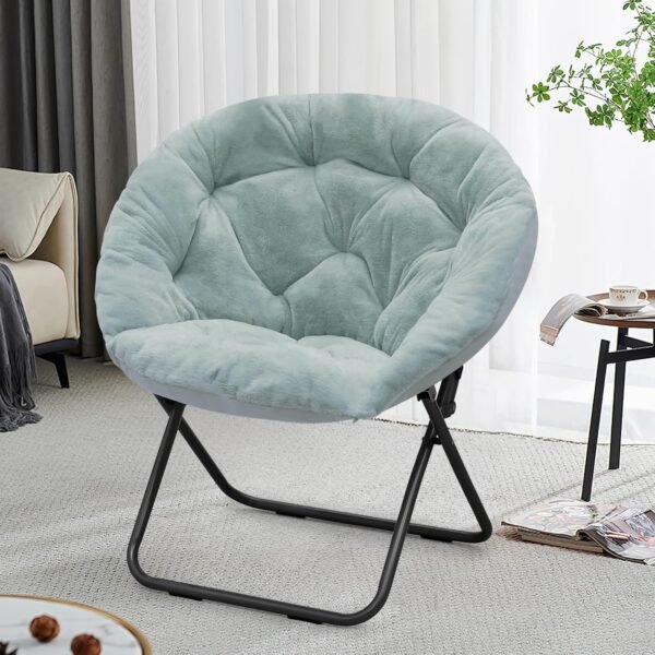 Round Comfy Saucer Chair, Metal Frame Cozy Lounge Lazy Chair Folding Faux Fur Saucer Chair for Adults, Foldable Papasan Moon Chair for Bedroom Living Room Dorm (Teal Seat/Black Stand)