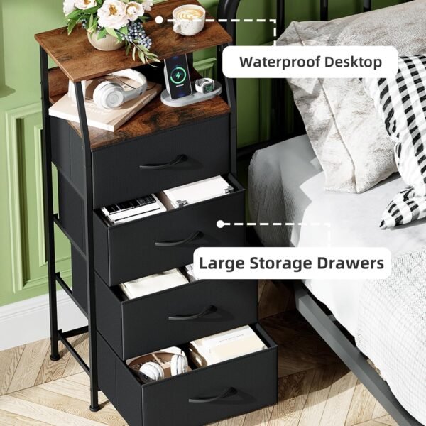 Somdot Black Nightstand with Charging Station and LED Light for Bedroom, Tall 4 Drawers Dresser with Fabric Bins for Bedside Kids Dorm Room Closet Laundry Entryway, Black Rustic Brown - Image 6