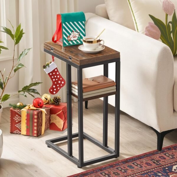 HOOBRO Foldable End Table, C Shaped Side Table with Storage Shelf, Small Snack Table Suitable for Living Room Bedroom Small Spaces, Easy Assembly, Rustic Brown BF29SF01 - Image 4
