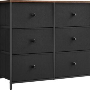 SONGMICS Dresser for Bedroom, Chest of Drawers, 6 Drawer Dresser, Closet Fabric Dresser with Metal Frame, Ebony Black and Rustic Brown ULTS323B01
