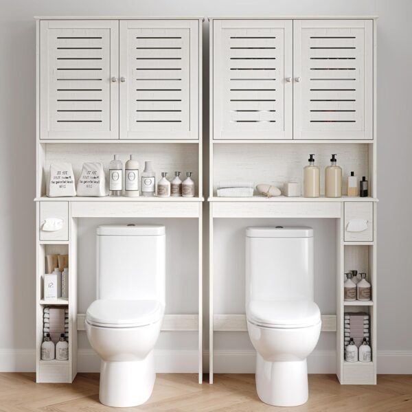 Furnideco Over Toilet Storage Cabinet Bathroom Shelf Organizer Over Toilet Freestanding Space Saver Cabinet with Adjustable Shelves & Double Doors, Antique White - Image 5