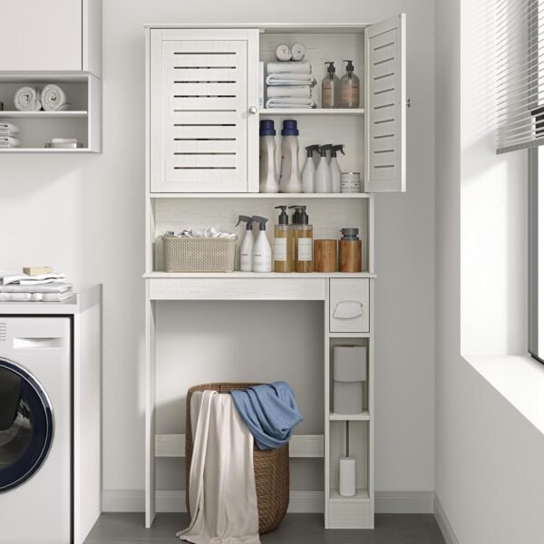 Furnideco Over Toilet Storage Cabinet Bathroom Shelf Organizer Over Toilet Freestanding Space Saver Cabinet with Adjustable Shelves & Double Doors, Antique White - Image 3