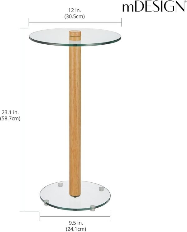 mDesign Glass Top Side/End Drink Table - Tall Modern Round Accent Wood Nightstand Furniture for Living Room, Dorm, Home Office, and Bedroom - 12" Round - Clear/Natural - Image 3
