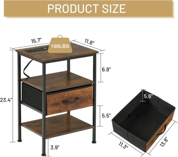 FurnitureR Nightstands with LED Lights and Charging Station, Bend Table for Living Room Bedroom, Bed Side Table Night Stand with Drawer and Open Storage Shelf, Set of 2, Rustic Brown - Image 3