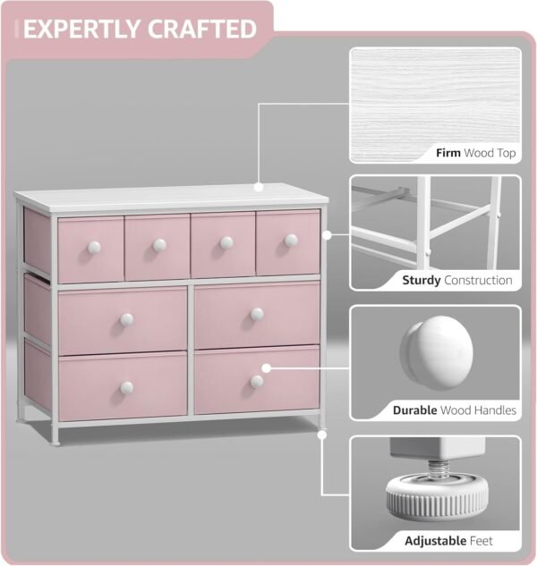 Sorbus Fabric Dresser for Kids Bedroom - Chest of 8 Drawers, Storage Tower, Clothing Organizer, for Closet, for Playroom, for Nursery, Steel Frame, Fabric Bins - Knob Handle (Pastel Pink) - Image 4