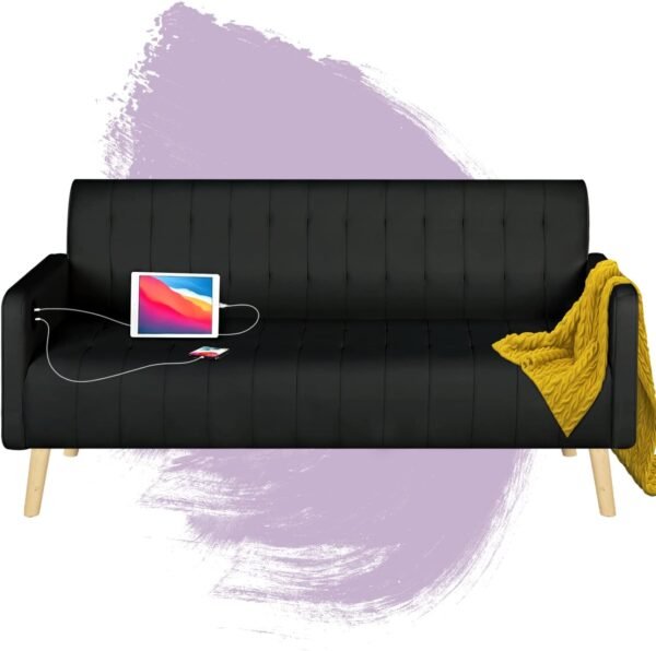 TYBOATLE Mid-Century Modern Striped PU Leather Loveseat Sofa w/ 2 USB Charging Ports, Love Seats Couches w/Pillow for Small Space, Living Room, Office, Apartment, Dorm, Office, 57“ W(White) (Black) - Image 9
