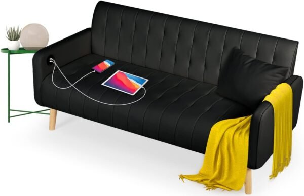 TYBOATLE Mid-Century Modern Striped PU Leather Loveseat Sofa w/ 2 USB Charging Ports, Love Seats Couches w/Pillow for Small Space, Living Room, Office, Apartment, Dorm, Office, 57“ W(White) (Black)