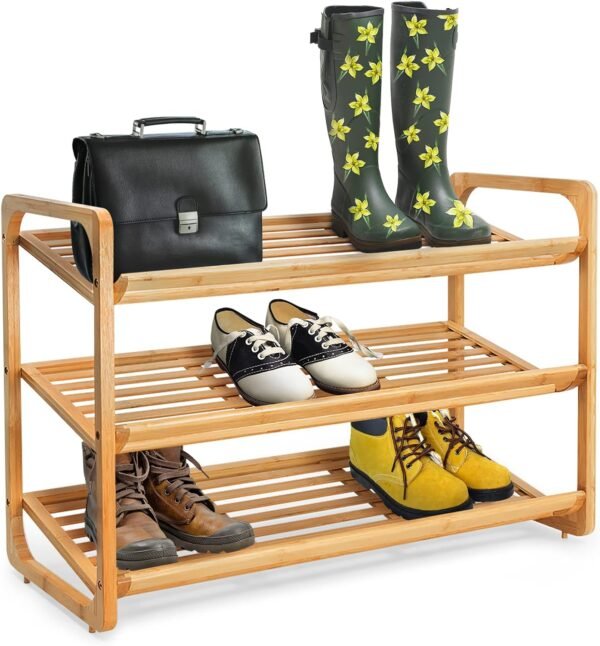 JMLHMXC Bamboo Shoe Rack Bench, 34''L*12.5''W*17.5''H Extended Edition 3-Tier Shoe Rack for entryway,Wooden Shoe Shelf Organizer Holds up to 300 lbs Ideal for Hallway Bathroom Living Room Mudroom