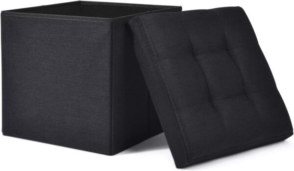 WoneNice Folding Storage Ottoman Cube Foot Rest Stool Seat- 15" x 15" (Linen Black)