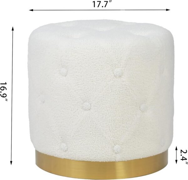 Asense Faux Fur Round Ottoman Button Tufted Upholstered Footrest Extra Seating with Gold Metal Base, White - Image 3