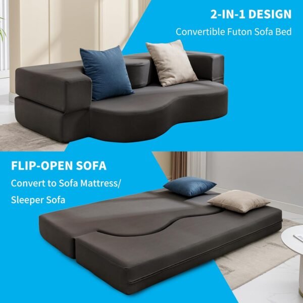 Mjkone Full Size Floding Sofa Bed, Floor Sofa Bed with Memory Foam, Upholstered Convertible Couch Bed, Fold Out Futon Sleeper Couch Bed for Living Room,Guest Room, Washable Cover,Dark Gray - Image 4